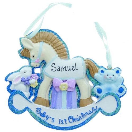 Kurt Adler BABY'S 1ST CHRISTMAS" ROCKING HORSE FOR BOYS ORNAMENT FOR PERSONALIZATION