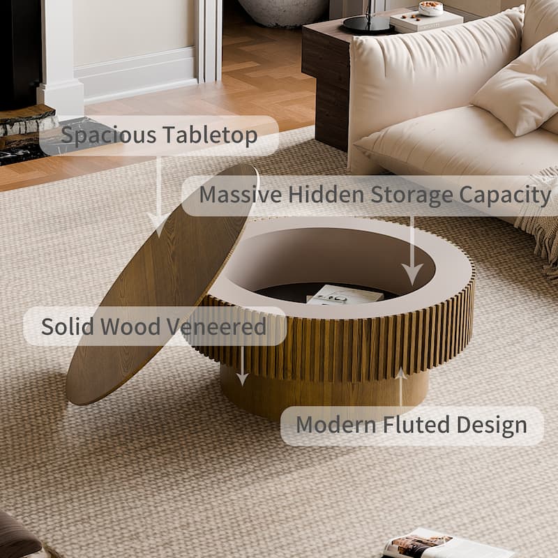 Modern 31.5" Round Coffee Table with Storage Solid Wood Veneer for Living Room and Bedroom Use