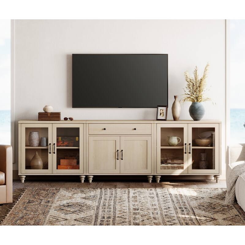 Farmhouse TV Stand with Doors and Drawer﻿ - 1 Drawer and 6 Doors - Beige
