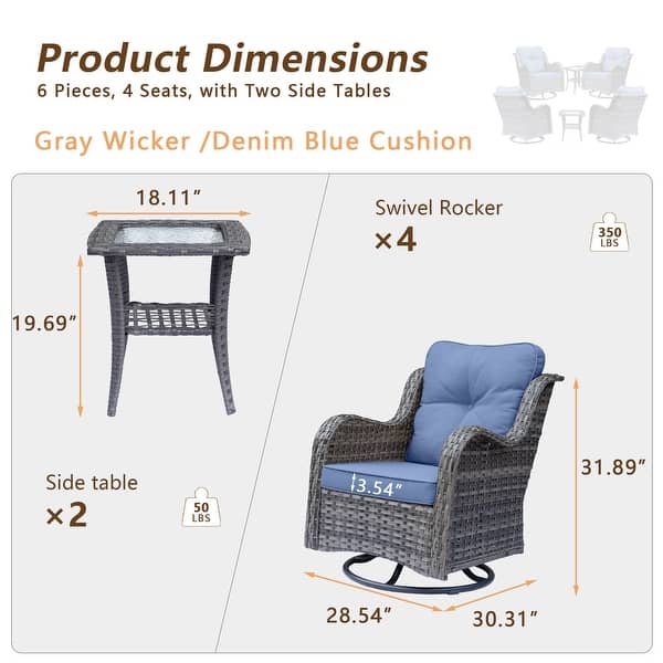 dimension image slide 5 of 9, Gray Wicker Rattan Outdoor Patio Furniture Set Swivel Chair with Cushion