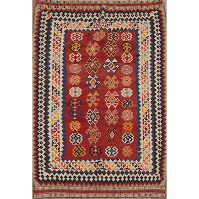 Red Kilim Qashqai Persian Vintage Rug Flatweave Geometric Wool Carpet - 5'4"x 7'7"