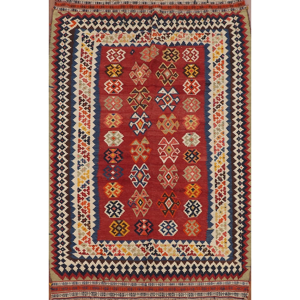 Red Kilim Qashqai Persian Vintage Rug Flatweave Geometric Wool Carpet - 5'4"x 7'7"