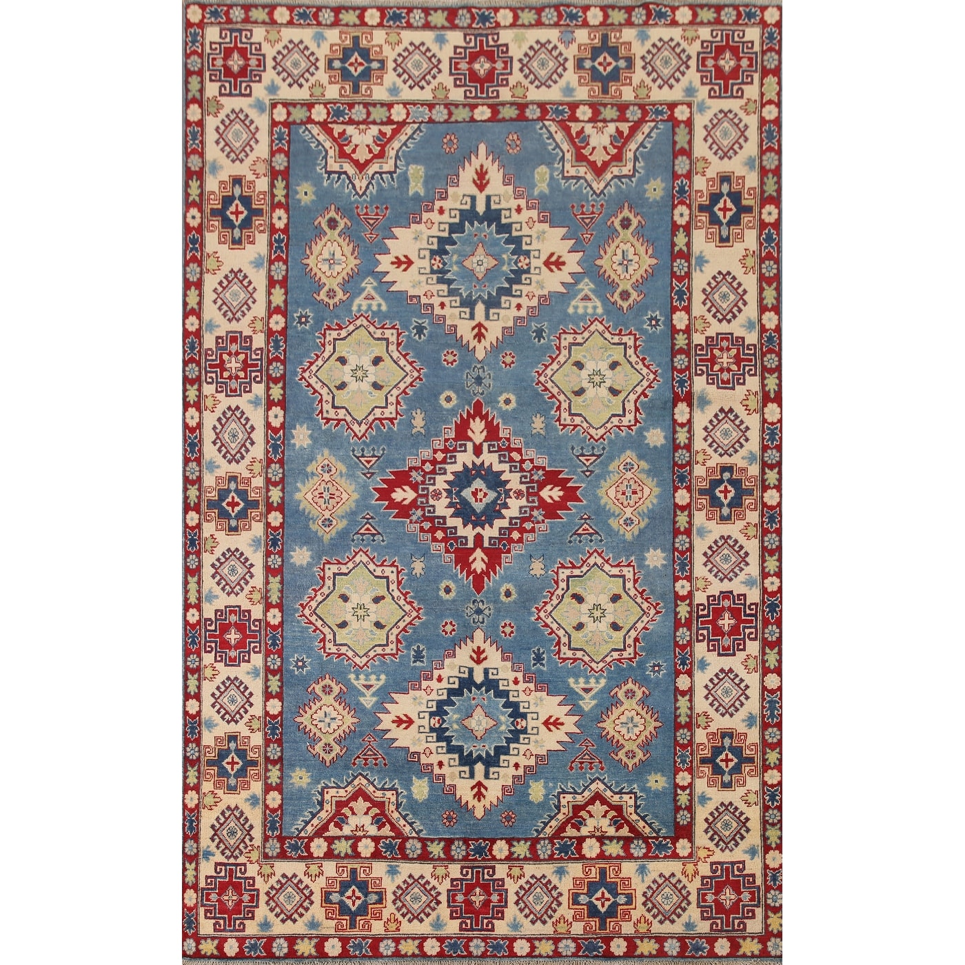Hand Knotted Oriental 100% Wool Carpet Traditional Geometric Navy Blue & Blues Kazak Area Rug - 9' 10'' X 6' 8''
