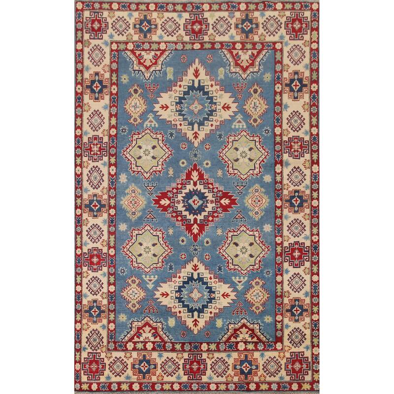 Hand Knotted Oriental 100% Wool Carpet Traditional Geometric Navy Blue & Blues Kazak Area Rug - 9' 10'' X 6' 8''