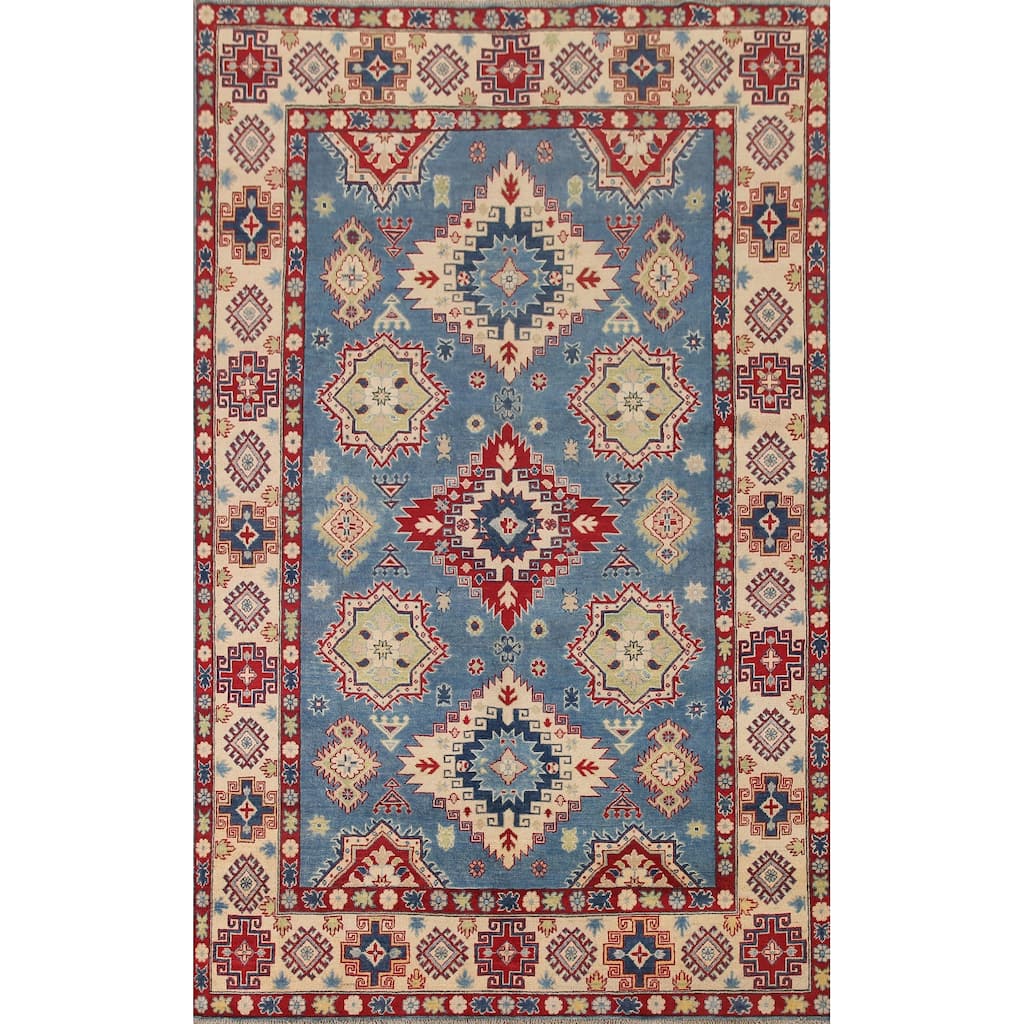 Hand Knotted Oriental 100% Wool Carpet Traditional Geometric Navy Blue & Blues Kazak Area Rug - 9' 10'' X 6' 8''