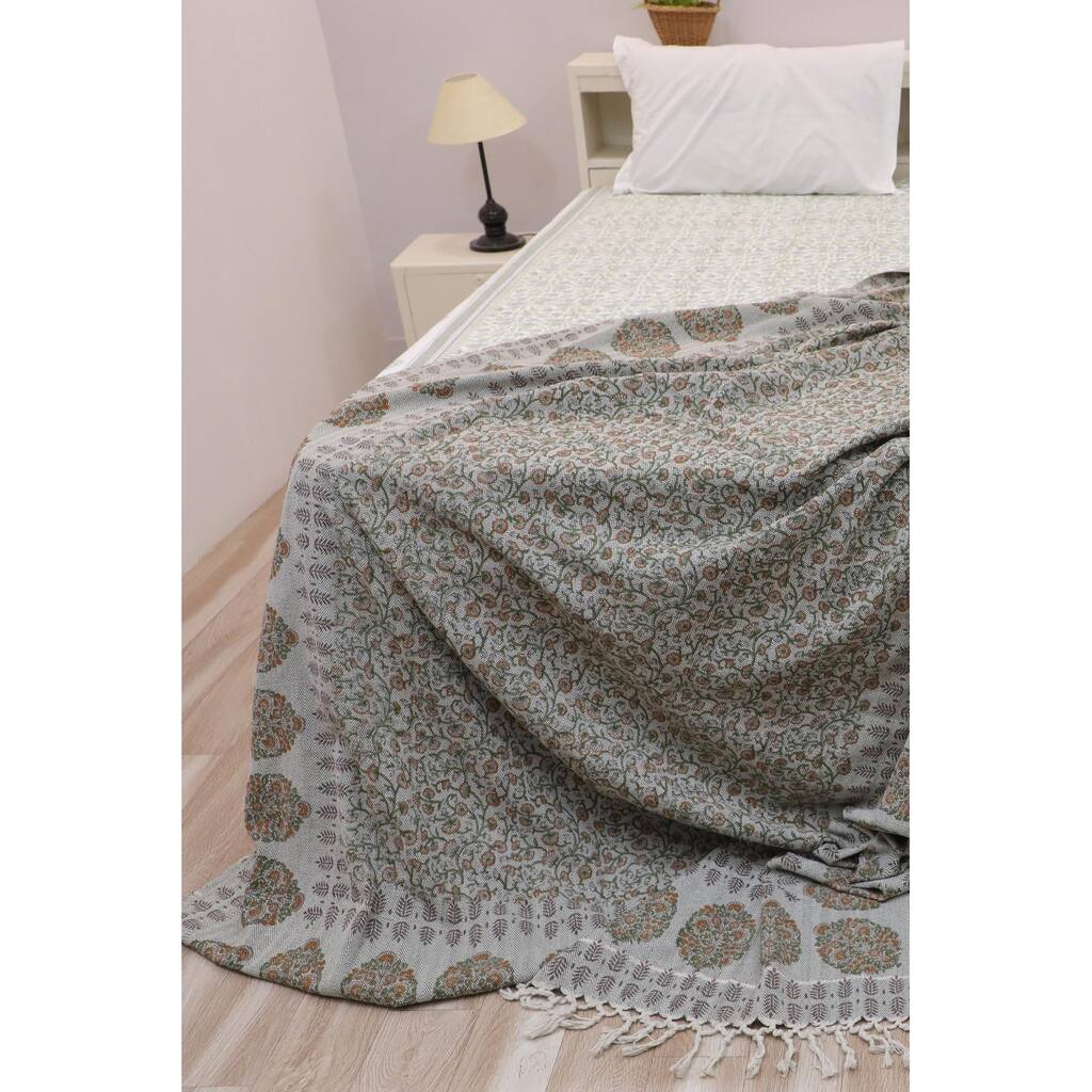 Fabdivine Himachal Handmade Cotton Throw Blanket - Floral Block Print Decorative Blanket for Home Decor with Fringe, 90"x54"