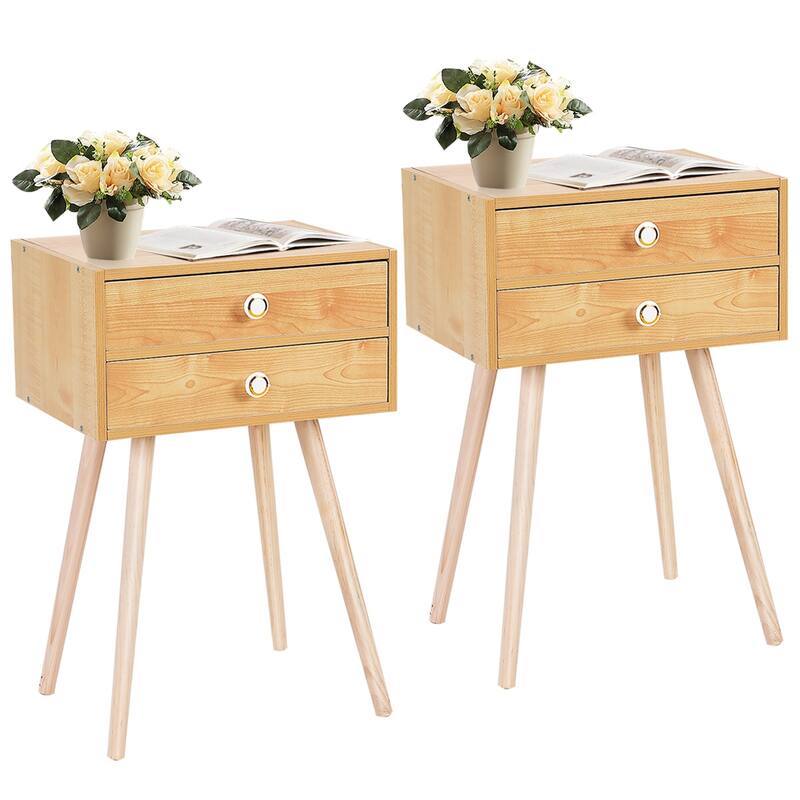 Costway Mid Century Modern 2 Drawers Nightstand In Natural Sofa Side - Natural - 2-drawer