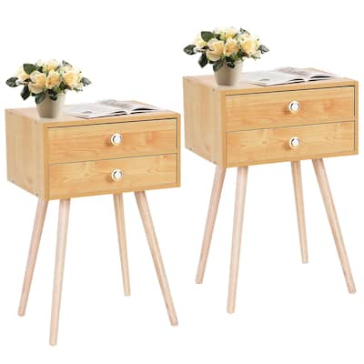 Costway Mid Century Modern 2 Drawers Nightstand In Natural Sofa Side
