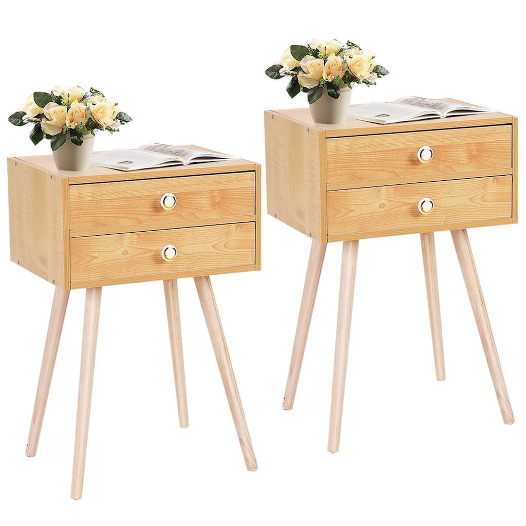Costway Mid Century Modern 2 Drawers Nightstand In Natural Sofa Side