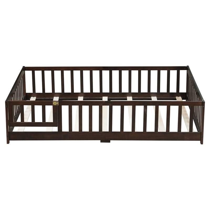 Twin/Full/Queen Size Floor Bed with Fence Guardrails and Door, Rubber Wood Toddler Bed Montessori Bed with Slats Support