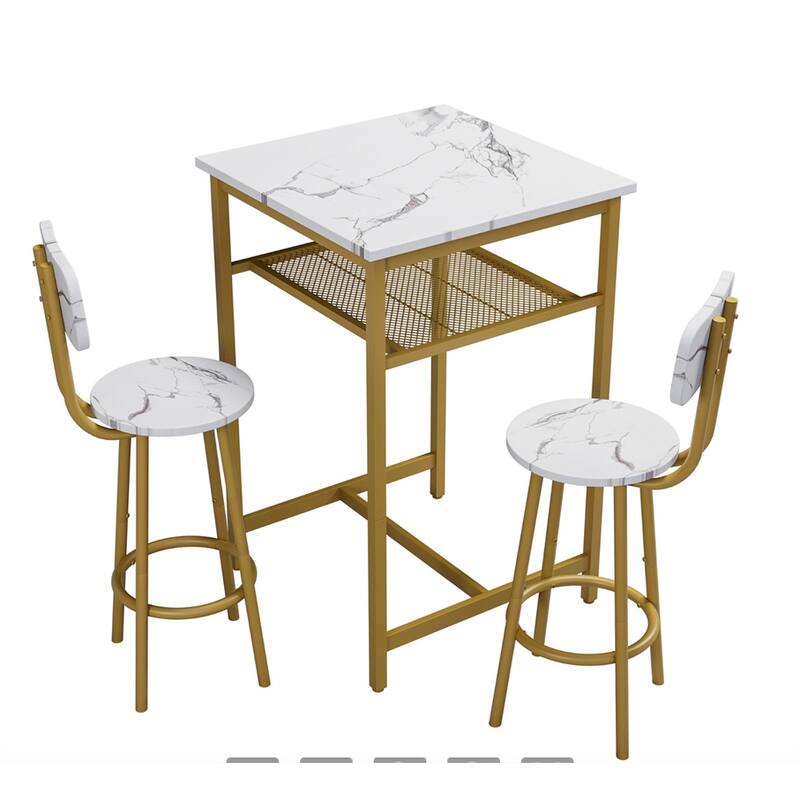 Bar Table,Equipped with 2 Bar Stools ,with Backrest and Partition - White+Gold