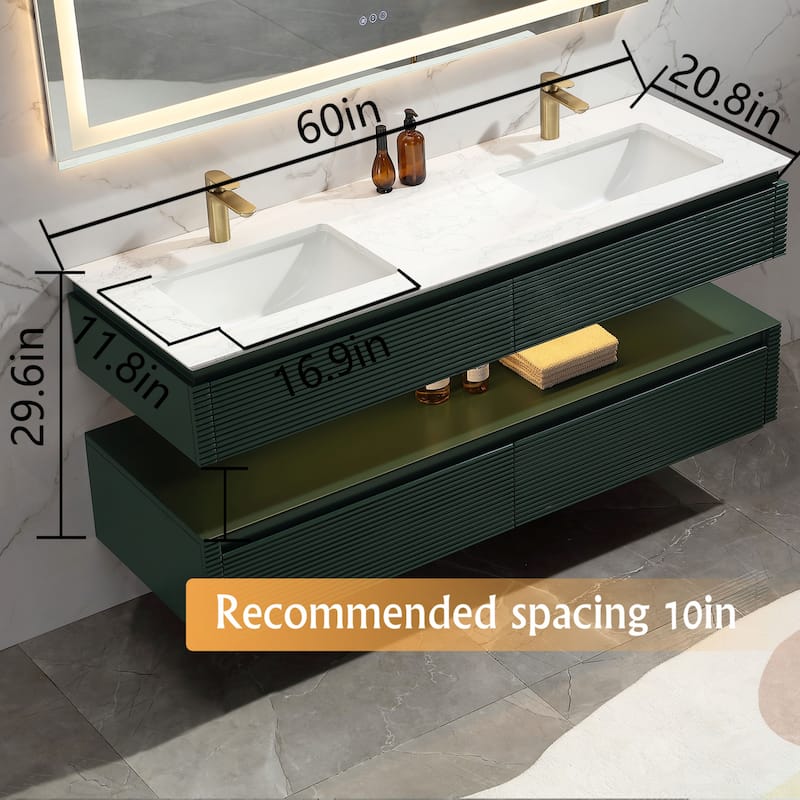 Modland 36/48 Inch LED Floating Vanity with Marble Top & Soft-Close Drawer - Green/White, Wall Drain Ready