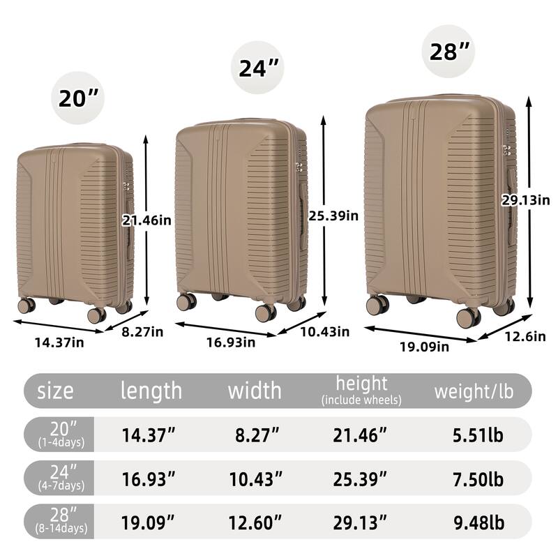 20"/24"/28" 3 pcs/set in PP Spinner Wheel Luggage, Carry on Suitcase, Matching Color, Combination Lock
