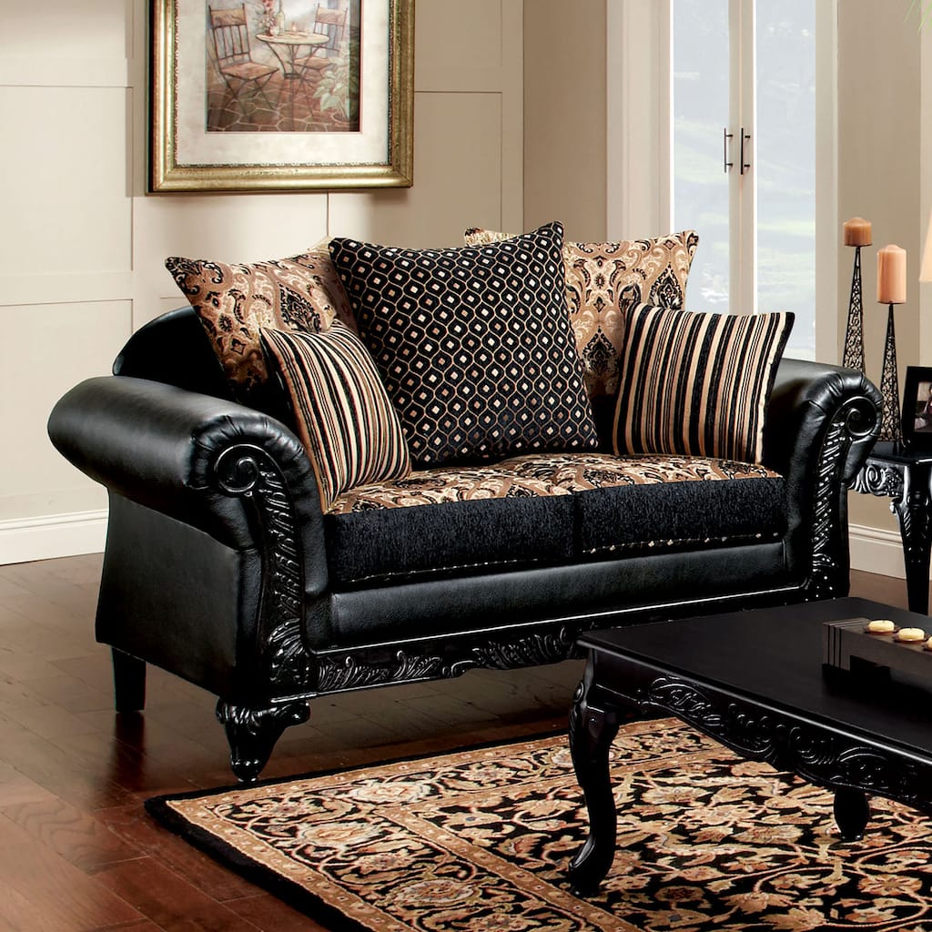 Chateau Traditional Black Faux Leather Upholstered Loveseat by Furniture of America