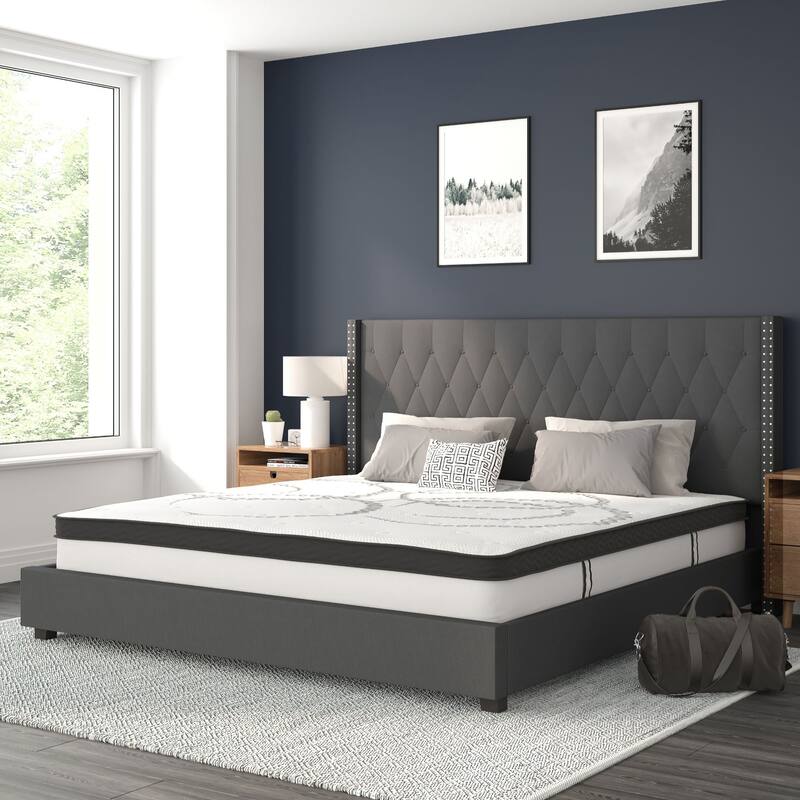 Tufted Platform Bed with 10 Inch Pocket Spring Mattress - Dark Gray - King