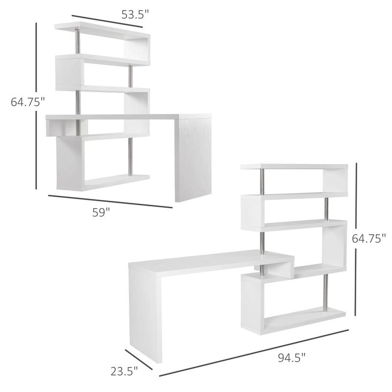 HOMCOM 94" L-Shaped Computer Desk: Rotating Writing Table, Corner Desk with Shelves, Stainless Steel Frame