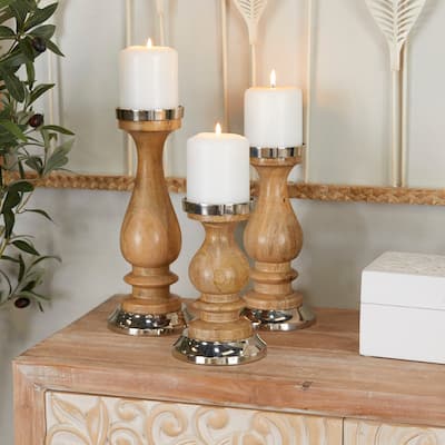 Silver Wood Candle Holder (Set of 3) - S/3 12", 10", 8"H