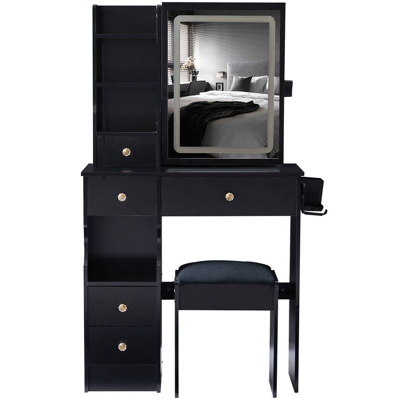 29.2" Small Size Left Drawer Desktop Vanity Table + Cushioned Stool, 2 AC+2 USB Power Station, Hair dryer bracket