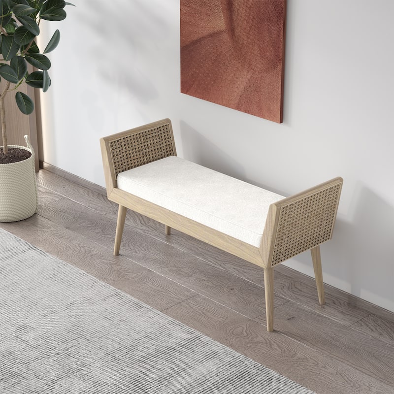 Aderyn Mid-Century Padded Bench with Raised Rattan Arms