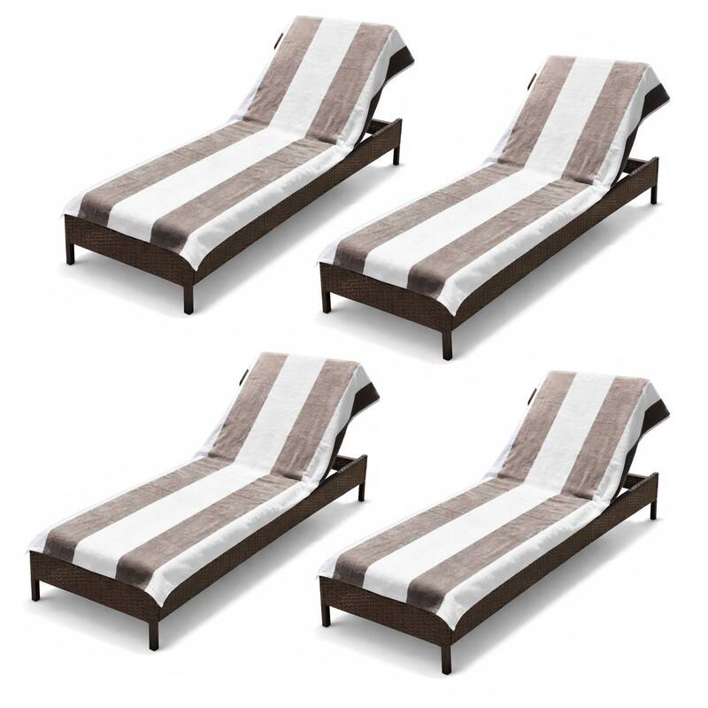 100% Cotton Cabana‑Stripe Lounge Chair Cover Terry Towel with Fitted Pocket & Back Flap Set of 4