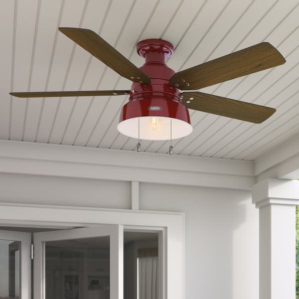 slide 2 of 22, Hunter 52" Mill Valley Outdoor Low Profile Ceiling Fan with LED Light Kit and Pull Chain, Damp Rated Barn Red