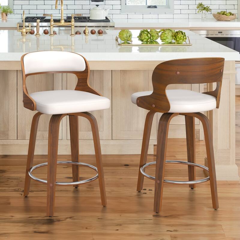 26.in Modern Set of 2 Leather Bar Stool Swivel Upholstered Hollow Back Counter Height Barstool with Wood Frame - White