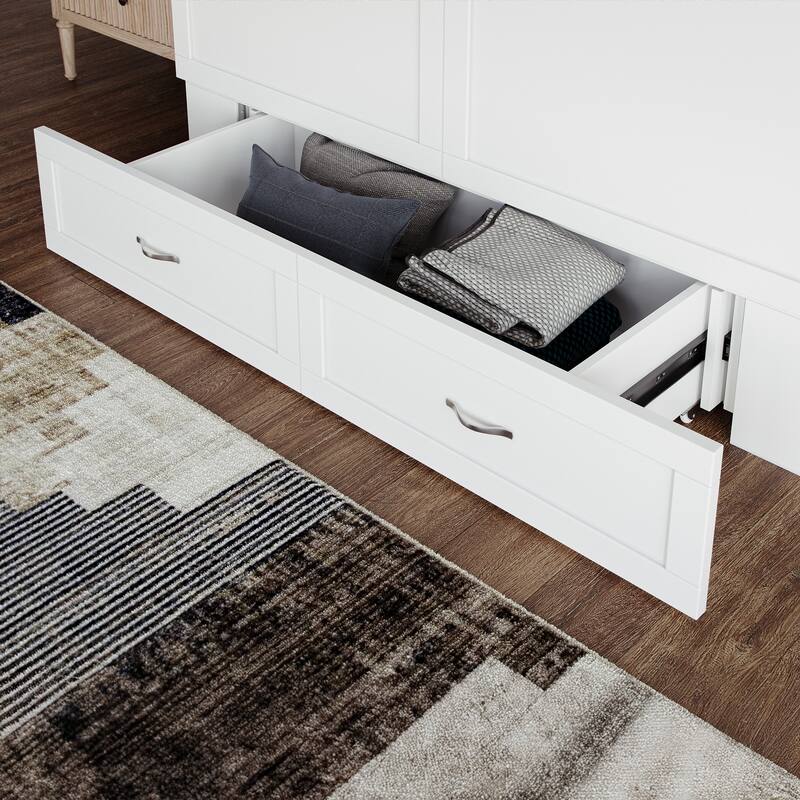Raleigh Queen Murphy Bed Chest with 6" Mattress, Storage Drawer & Built-In Charger in White