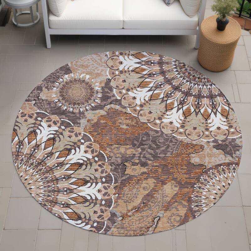 Machine Washable Indoor/ Outdoor Traditional Pinwheel Chantille Rug - Copper - 8' x 8'