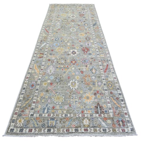 Shahbanu Rugs Stone Gray Hand Knotted Afghan Oushak Colorful Flower Design Soft Wool Wide Runner Rug (4'1"x12') - 4'1" x 12'0"