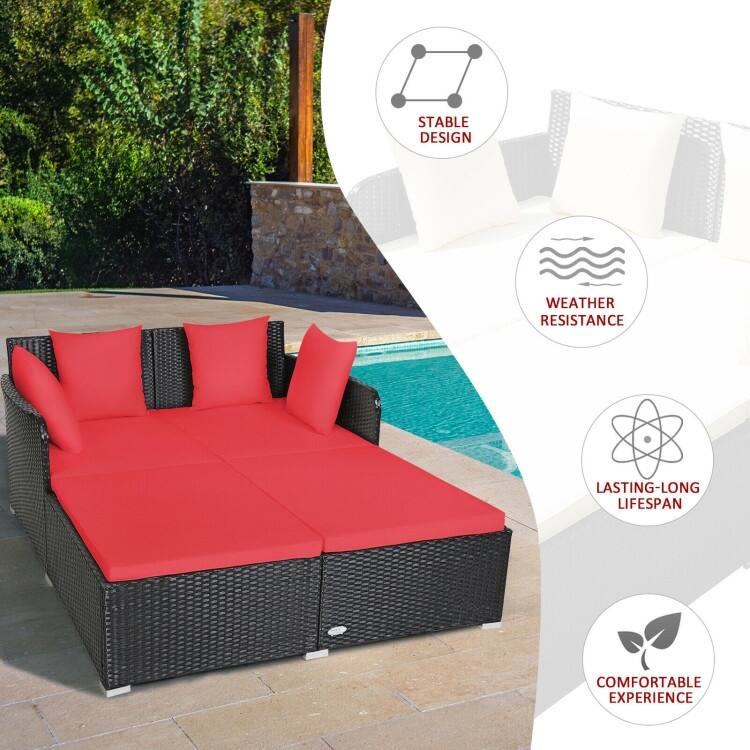 Outdoor Rattan Daybed with Cushions for Patio Garden Lounge Seating
