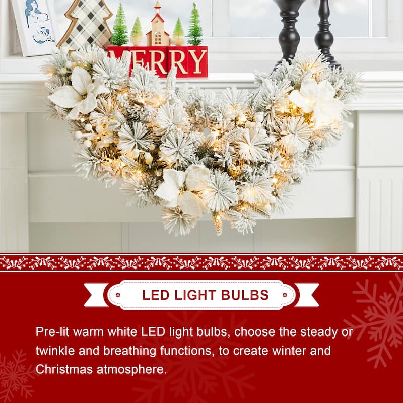 Glitzhome 3ft Pre-Lit Snow Flocked Flower Christmas Swag
