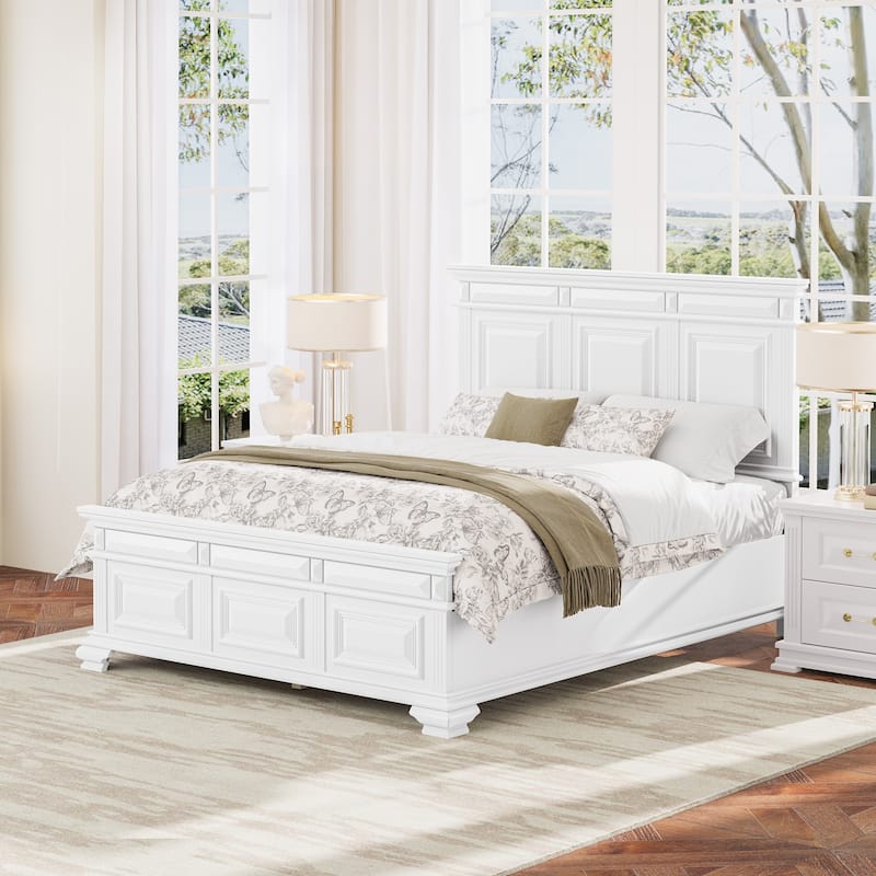 Solid Wood Retro Platform Bed with Headboard - White - Queen