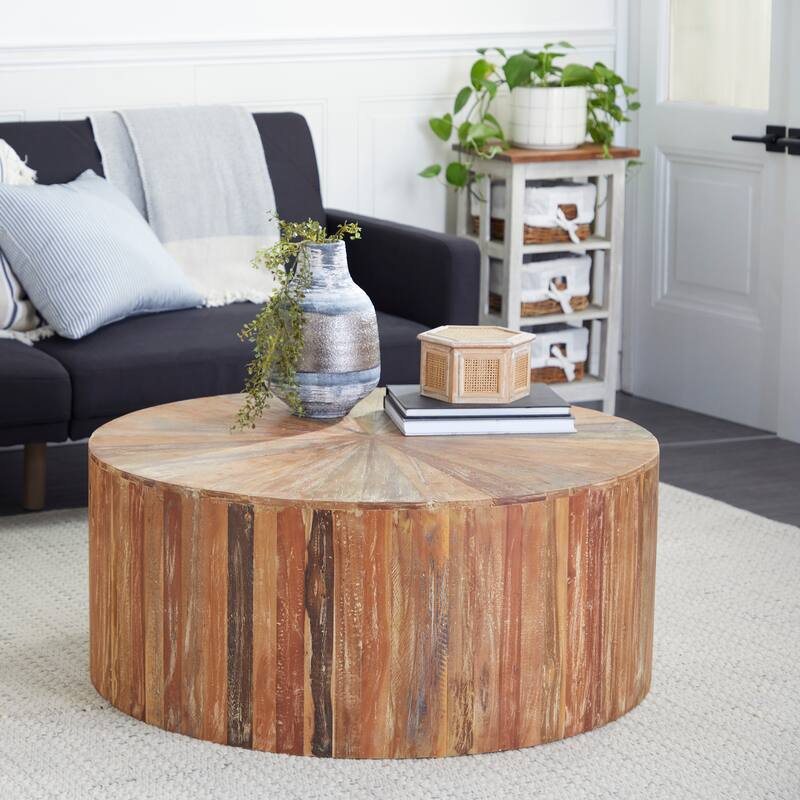 Brown Reclaimed Wood Handmade Pinwheel Drum Geometric Coffee Table with Colorful Painted Accents