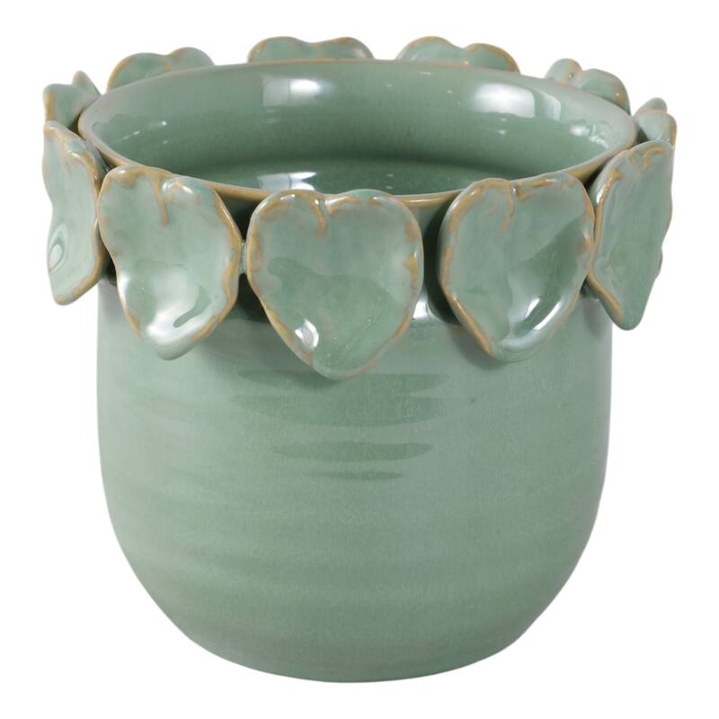 Stoneware Ceramic Planter Handcrafted Sculpted Leaf Embellishments