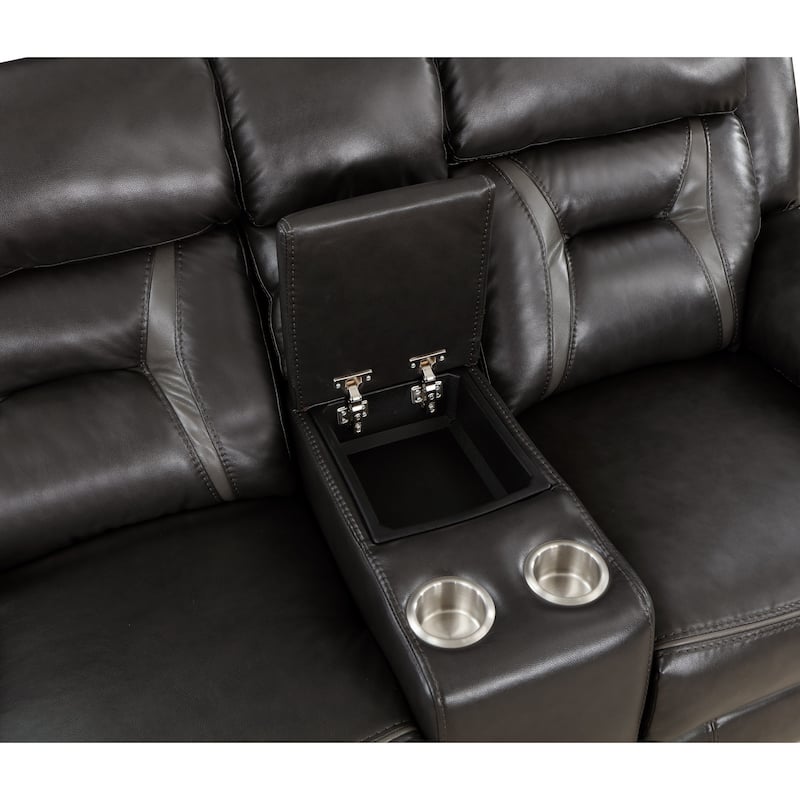 Millie 76 Inch Manual Dual Recliner Loveseat, Cupholders, Gray Faux Leather