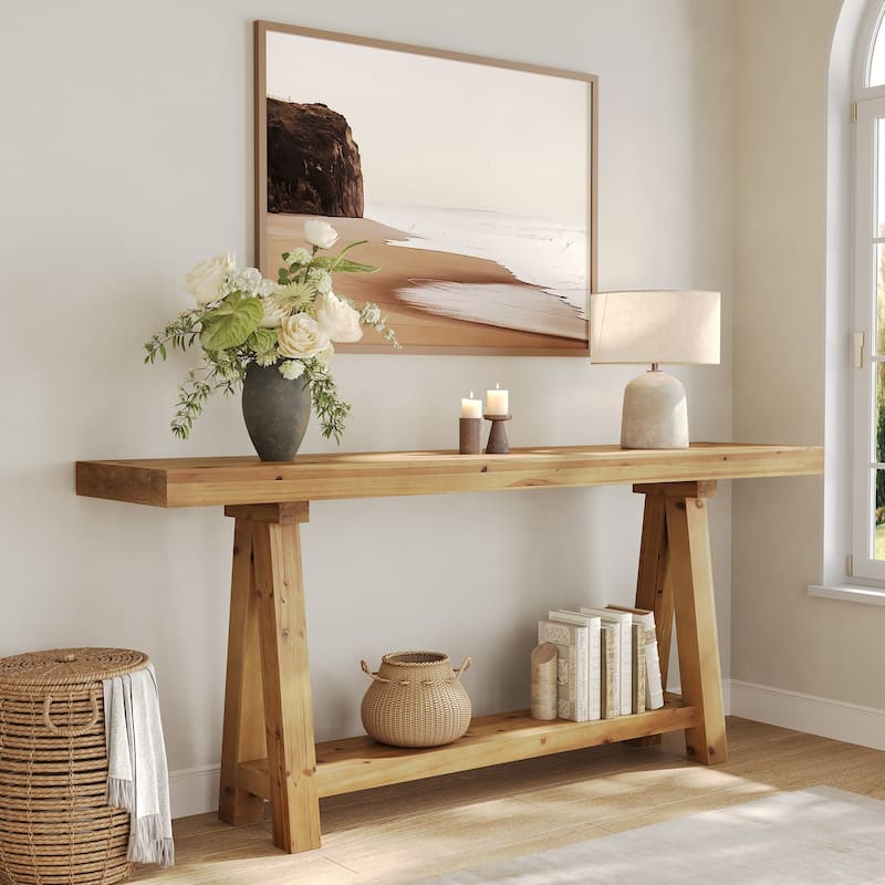70.87-Inch Solid Wood Console Table with Shelves for Entryway - Light Wood