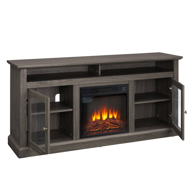 Contemporary TV Media Stand Modern Entertainment Console with 18" Fireplace Insert for TV Up to 65", Storage Space.