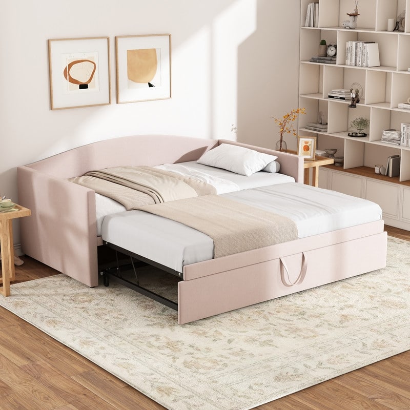 Twin Size Velvet Upholstered Daybed with Extended Pop Up Trundle Bed Convertible King Sofa Bed Frame, Space-Saving Twin to King