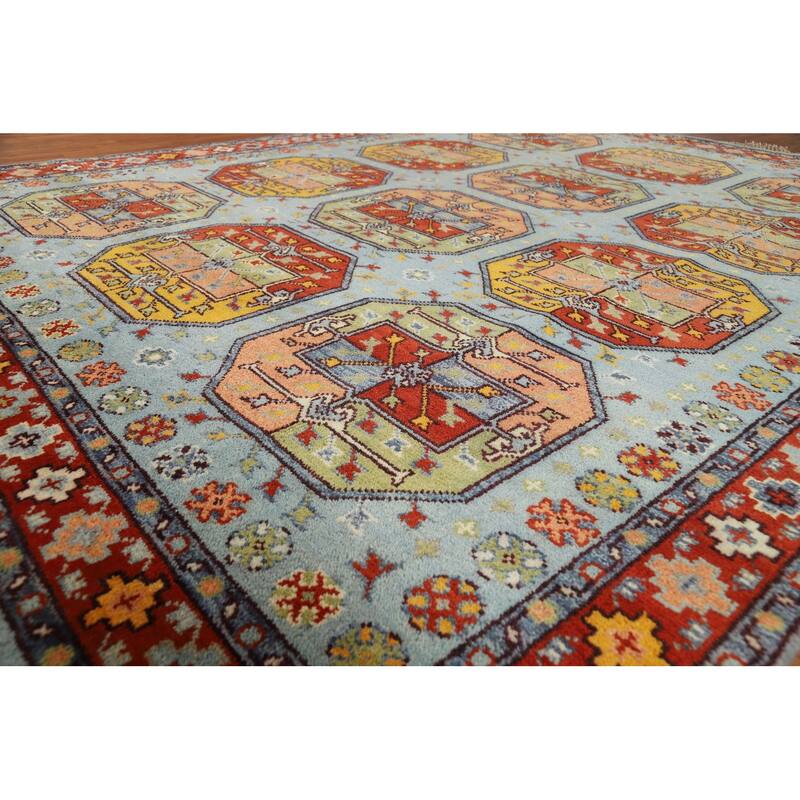 Geometric Blue Khotan Indian Area Rug Handmade Wool Carpet - 7'11"x 9'10"