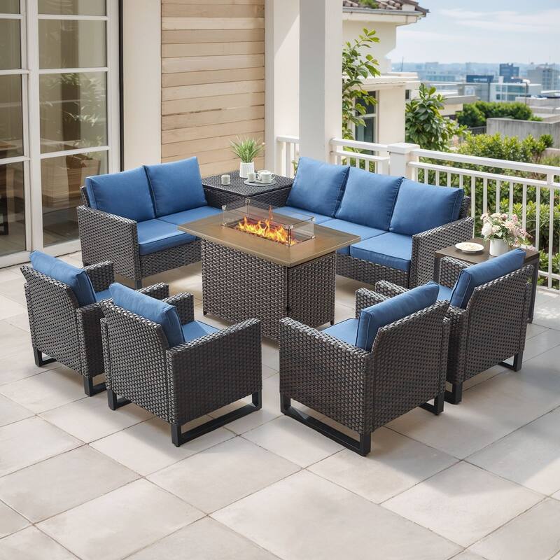 Gymojoy 9 Piece All-Weather Wicker Outdoor Patio Family Conversation Set Group With Fire Pit Table