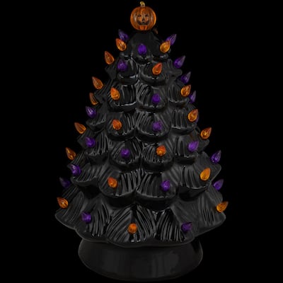 LED Lighted Ceramic Halloween Tree with Pumpkin - 14.75" - Black
