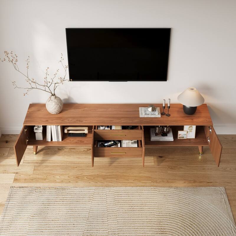 71" Mid Century Modern Brown TV Stands, Solid Wood Veneer with 2 Drawers & Cabinet, Pre-Assembled