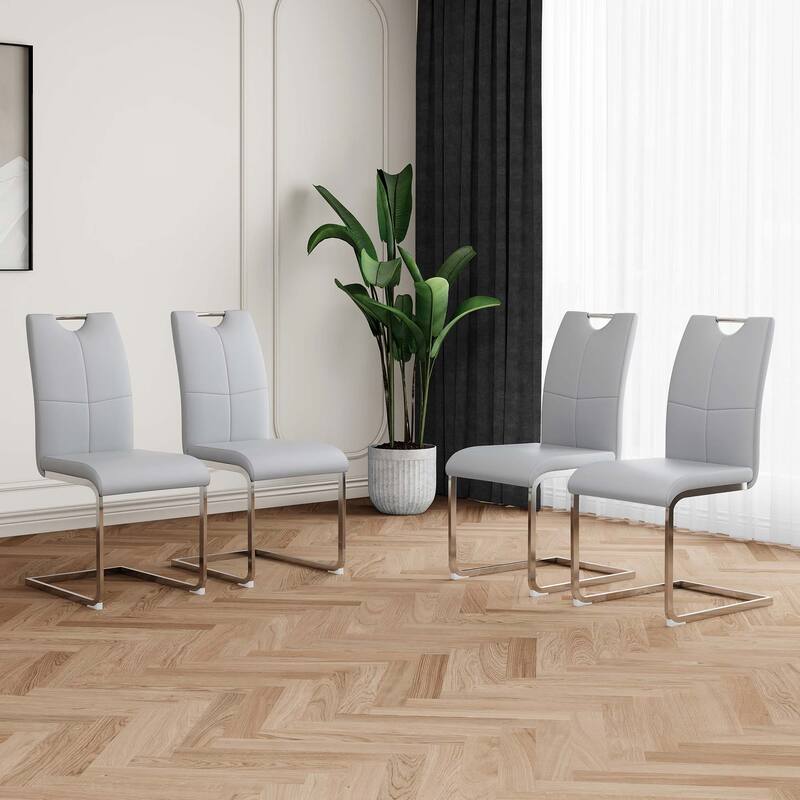 PU Dining Chair Living Room Chair with Silver Leg(Set of 4) - Gray