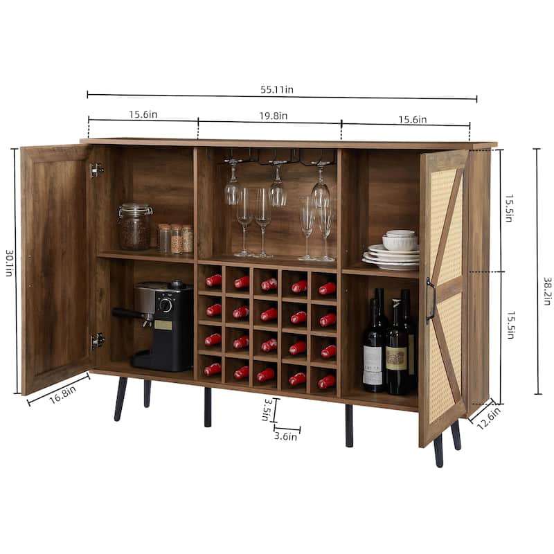 Faux Rattan Barn Door Wine Cabinet with Wine Rack and Wine Glass Rack, Double Door Design with Removable Shelves