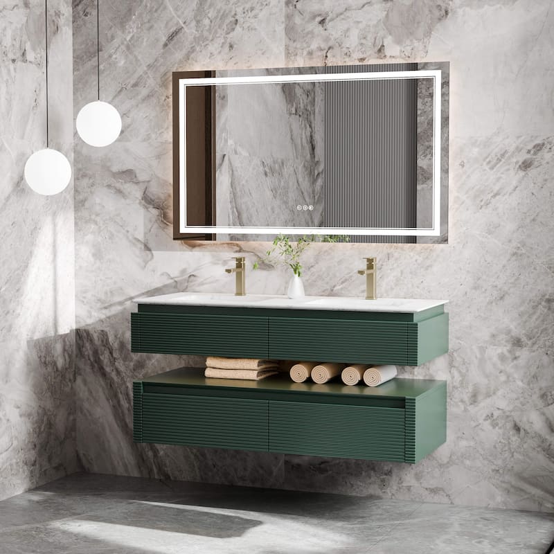 Modland 48" Modern Wall-Mounted Double Sink Bathroom Vanity with Engineered Stone Countertop,LED Light