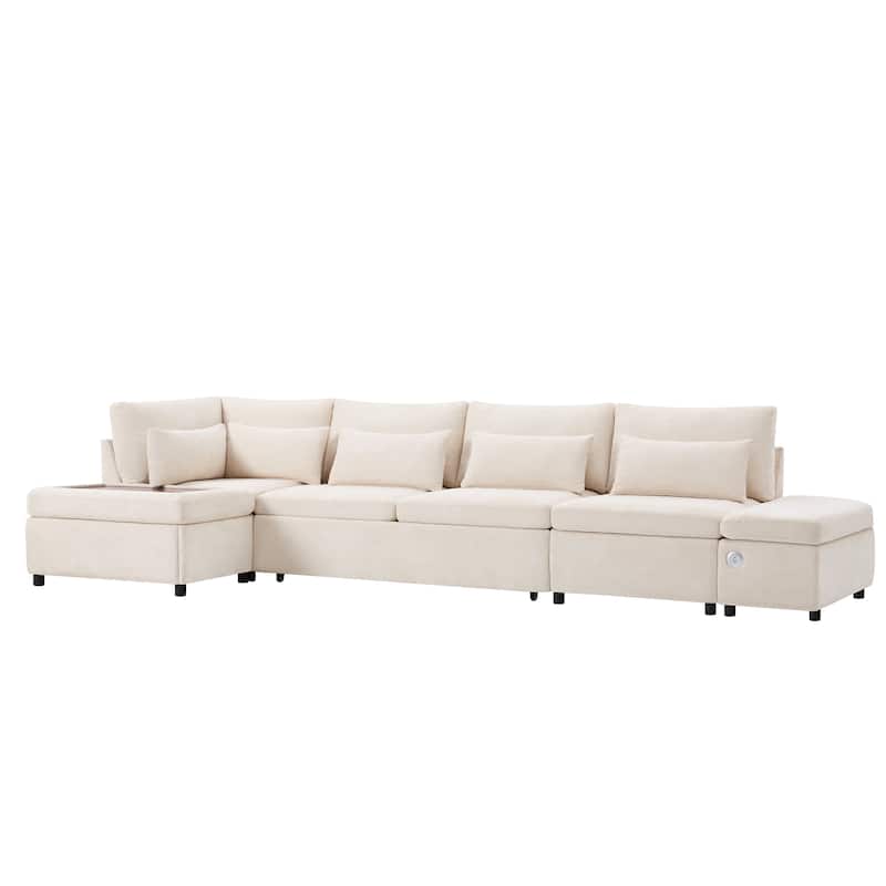 107'' 6 Seat Modular Sectional Sofa with USB Charging, L shape Oversize Pull-out Sofa Bed with Storage Ottoman