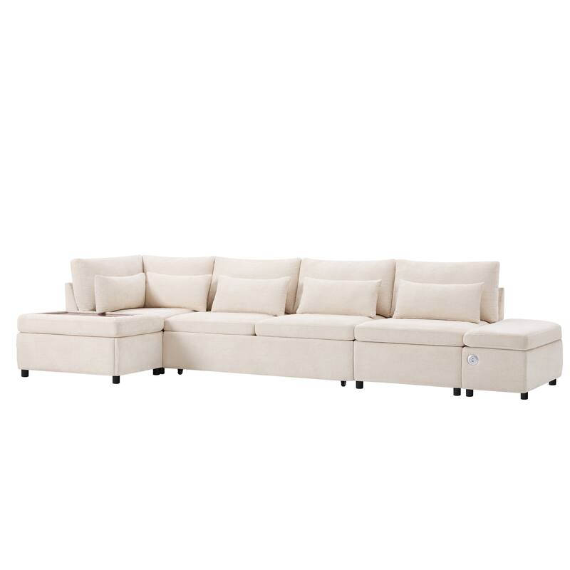 107'' Modular Sectional Pull-out Sofa in Light Khaki + Beige, Chenille, for Living Room & Apartment