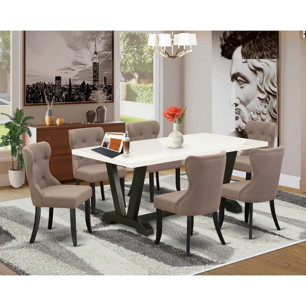 Neo-Classical Dining Set - 7 Piece Wood Table & Upholstered Chairs