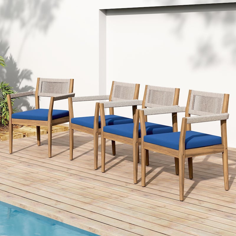 Braided Acacia Wood Outdoor Dining Table and Chairs Set of 6, All-Weather Patio Furniture for Garden, Poolside, and Backyard