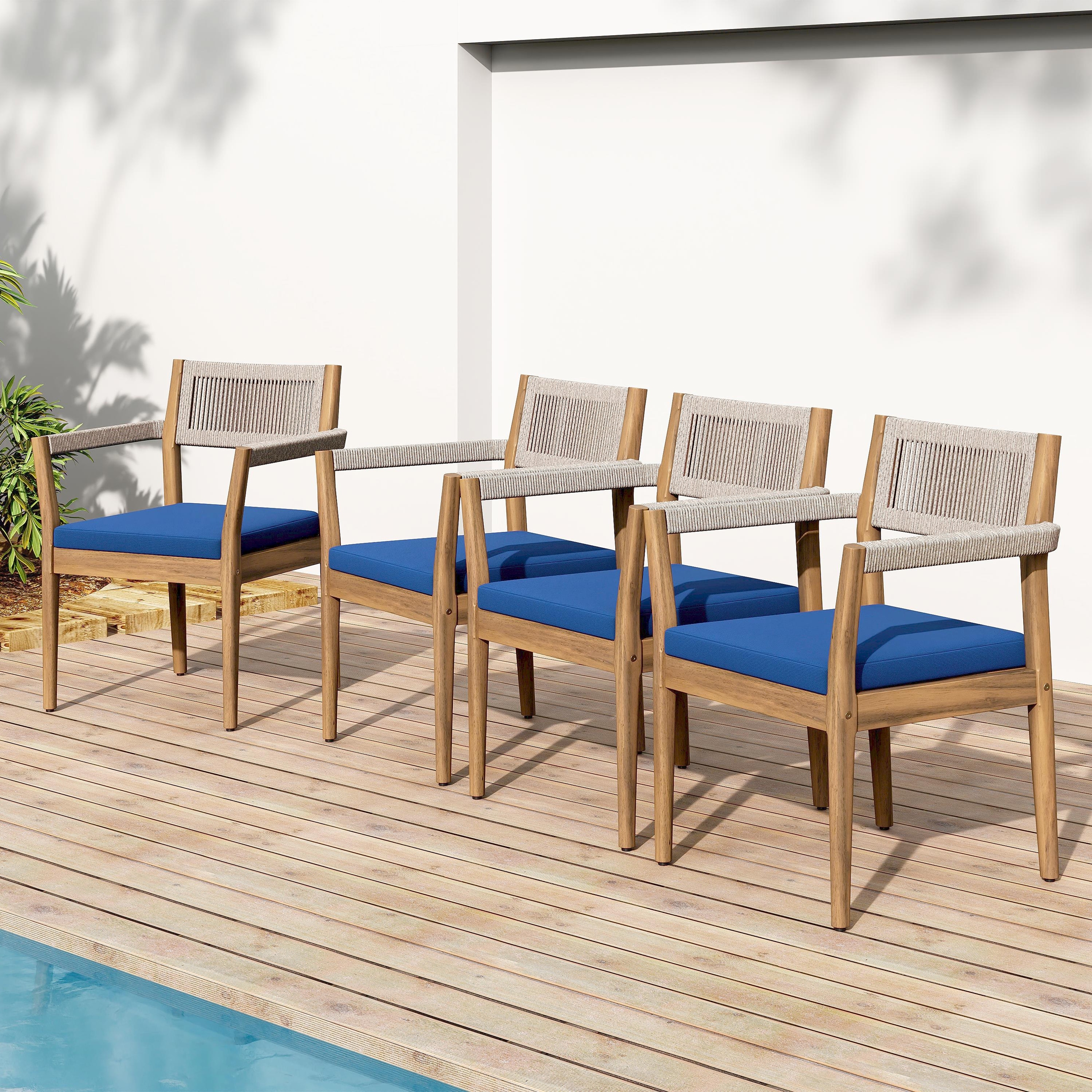 Roomfitters Outdoor Braided Acacia Wood Dining Chairs with Beige Rope Weave and Water-Resistant Cushions, Navy